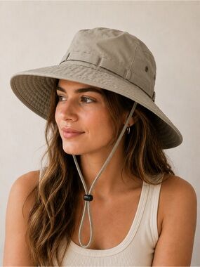 Women’s Taupe Wide-Brim Outdoor Sun Hat with Chin Cord. Great for Summer.